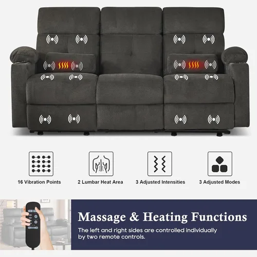 Miniatura 4 de Sofá reclinable eléctrico de 80 pulgadas con calor y masaje, sofá reclinable eléctrico con reposapiés extendido, sofá reclinable de 3 plazas con Gris