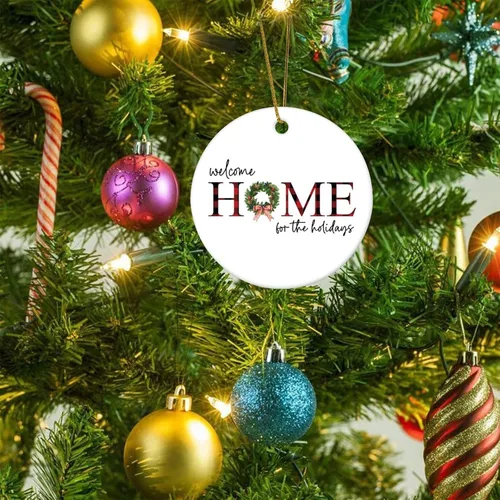 Miniatura 5 de Adorno de Navidad de cerámica de 3 pulgadas, recuerdo de bienvenida a casa para las vacaciones, divertido colgante de porcelana impresa de dos caras