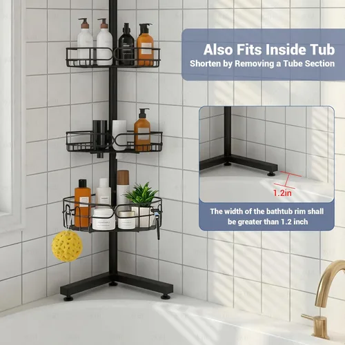 Miniatura 3 de Organizador de ducha de pie, organizador de baño de altura ajustable de 4 niveles, poste de 6 secciones, estante de pie resistente para ducha, sin