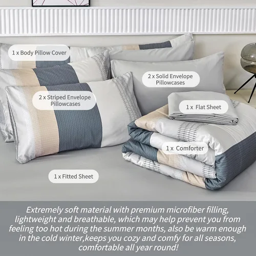 Miniatura 6 de RYNGHIPY Juego de edredón de tamaño matrimonial, color beige y gris, a rayas, para hombres y niños, juego de ropa de cama suave para todas