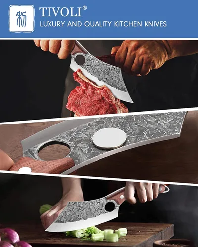 Miniatura 3 de TIVOLI - Cuchillo de carnicero forjado a mano de filo completo, cuchillo de carnicero para cortar carne, cuchillo vikingo de acero de alto carbono