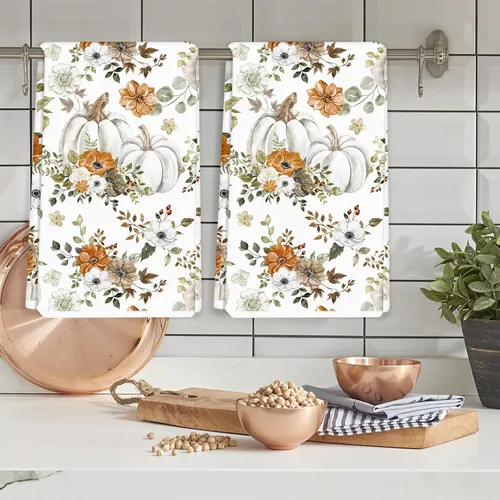 Miniatura 6 de AnyDesign Toalla de cocina de otoño de 18 x 28 pulgadas, acuarela, calabazas blancas, hojas, paño de cocina decorativo de otoño para secado de manos