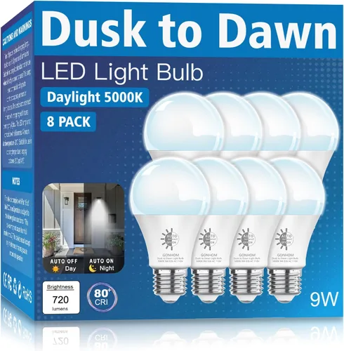 Gonhom - Paquete de 8 bombillas LED para exteriores del amanecer al anochecer, 5000K-luz diurna, 720 lm, 9W (equivalente a 60W) A19 E26, bombillas