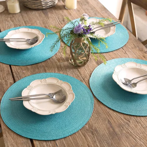 Miniatura 6 de FunWheat Juego de 8 manteles individuales redondos trenzados para mesa de comedor, tejidos, lavables, antideslizantes, 15 pulgadas