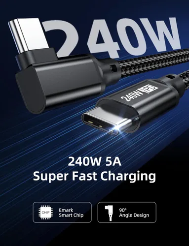 Miniatura 2 de Cable USB C a USB C de 240W 0.5FT, PD 3.1 Tipo C a C 5A Cable de Carga Rápida en Ángulo Recto para MacBook Pro/Air, iPad Pro/Air/Mini