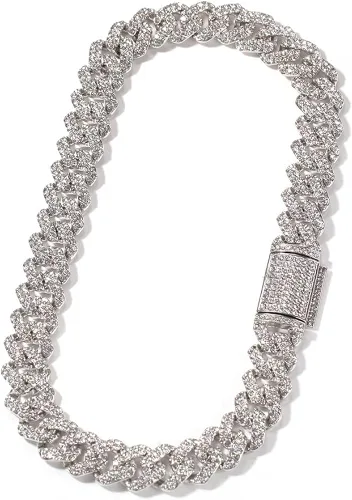 FunParrot Collar de cadena cubana resistente Hip Hop para hombre (plata, 24in-18-B), Metal, Diamantes de imitación