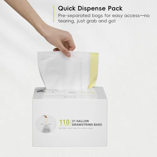Miniatura 8 de EKO 21 galones / 50-90 litros, 110 unidadesBolsas de basura con cordón de tracción extra resistentes y sin perfume, rollo de fácil dispensación