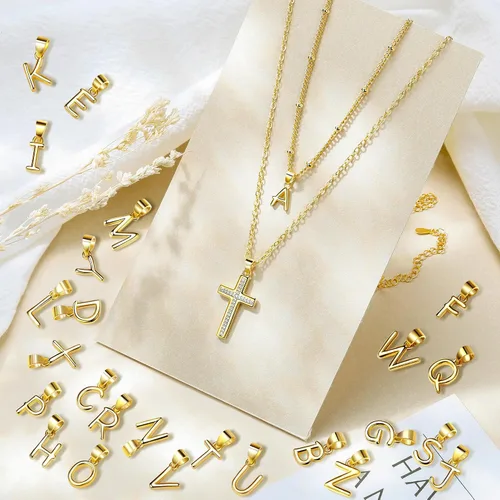 Miniatura 6 de Delicados collares de cruz para mujer, chapado en oro de 14 quilates, cadena en capas con dije de inicial, circonita cúbica, cruz de fe cristiana