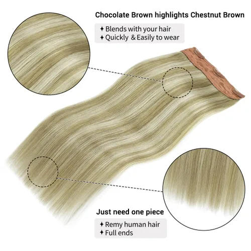 Miniatura 6 de Winsky Extensiones de cabello de cabello humano real - Una pieza con reflejos rubios, extensiones de cabello Remy con clip para mujeres