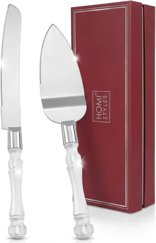 Homi styles Juego Elegante de Cuchillo y Servidor para Pastel Blanco, Cortador de Pastel y Espátula para Pie, Juego de Servidor y Cuchillo para