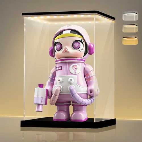 LANSCOERY Vitrina de acrílico con luz LED ajustable amarilla/blanca/cálida, caja transparente de protección UV, vitrina a prueba de polvo para
