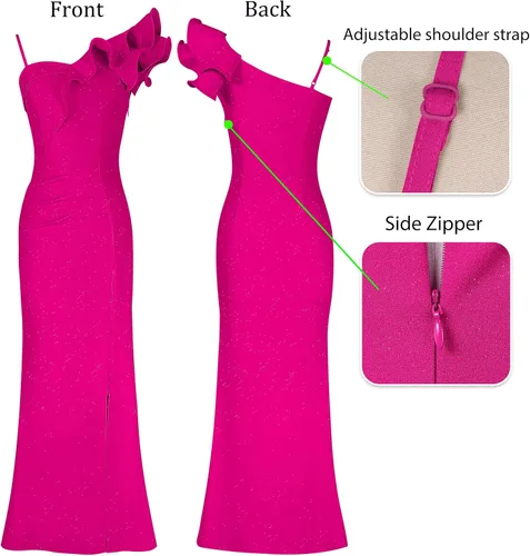 Miniatura 5 de VFSHOW Vestido largo con volantes y tirantes para mujer, fruncido, formal, para graduación, boda, cuello en V, elegante, dividido, cóctel, noche