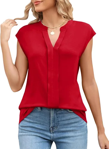 Micoson Camiseta sin mangas con cuello en V para mujer, manga casquillo, para verano, para negocios, elegante, informal, S-XXL
