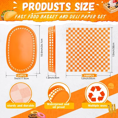 Miniatura 2 de Uiifan 24 cestas de comida para servir con 100 forros de delicatessen, cestas de comida rápida de 10.5 x 7 pulgadas, bandejas de servicio de Naranja