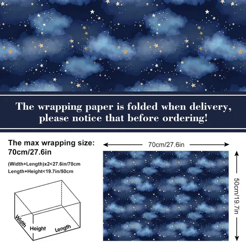 Miniatura 2 de 12 hojas de papel de regalo de galaxia, no enrollado, papel de regalo de constelación de cielo estrellado azul y morado, plegado plano