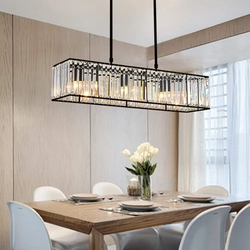 Miniatura 6 de Siljoy Candelabro rectangular moderno de cristal, 5 luces, color negro, rectangular, con forma de gota de lluvia, lámpara de techo colgante lineal