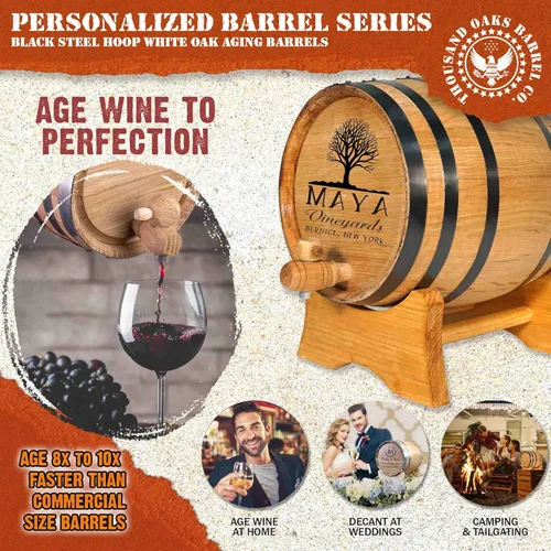 Miniatura 2 de Barril de roble personalizado de 5 galones para la elaboración de vino (20 litros) con soporte de madera, Bung y espita - Barril de vino de roble