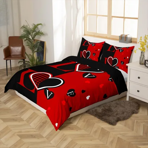 Miniatura 2 de Juego de funda de edredón para parejas, tamaño individual, romántico, amor, señor, señor, señor, señor, mujer, rojo, negro, búfalo, corazón