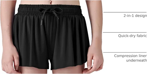 Miniatura 107 de Paquete de 3 pantalones cortos fluidos para niñas con forro de elastano, 2 en 1, faldas de mariposa para jóvenes, para fitness, correr, deportes