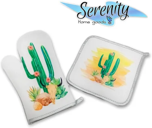 Miniatura 3 de Juego de manoplas decorativas de cocina con soporte para ollas y horno, cactus del desierto, puesta de sol, verde, naranja, rosa, amarillo, verde