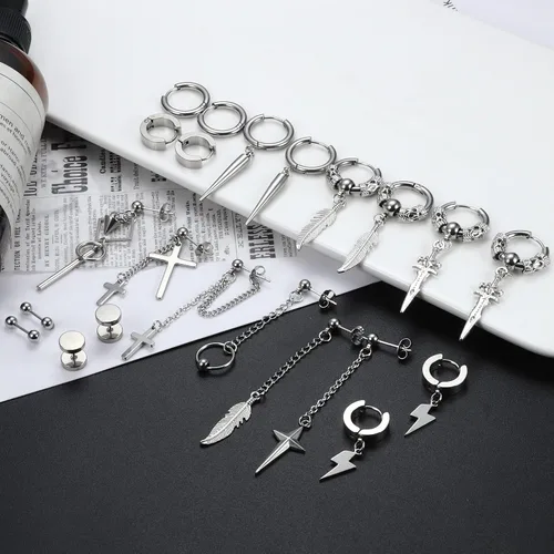 Miniatura 6 de Fiasaso Juego de 22 aretes colgantes de acero inoxidable con bisagras de aro de cadena larga aretes colgantes de cruz para hombre color negro