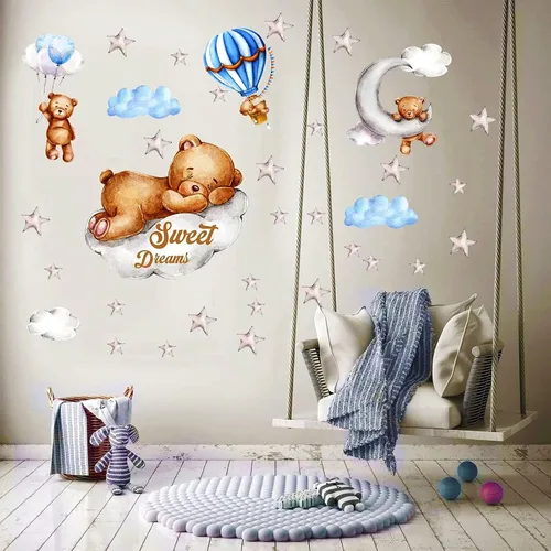 Miniatura 3 de Decoración de Pared de Oso Teddy con Luna y Estrellas - Adhesivos de Oso Dormido para Pared, Decoración para Habitación de Bebé y Guardería