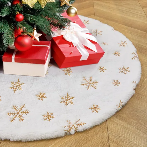 Miniatura 13 de Falda de árbol pequeña de 24 pulgadas, falda de árbol de piel sintética blanca de Navidad de 4 pies, mini copos de nieve de lentejuelas doradas