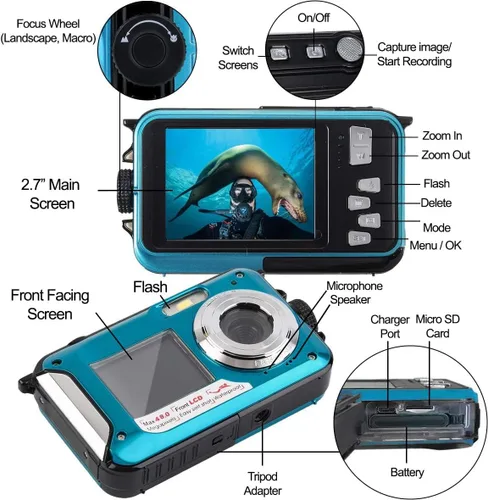 Miniatura 5 de Acuvar Cámara submarina de 48MP con tarjeta de 32 GB – Cámara digital impermeable de 11 pies, selfie de doble pantalla, enfoque automático, cámara