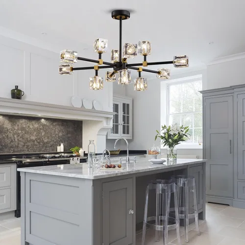 Miniatura 5 de Candelabro de Cristal Negro, Lámparas de Araña Sputnik con 12 Luces, Lámpara de Techo Moderna Ajustable en Altura Semiempotrada para Comedor, Isla