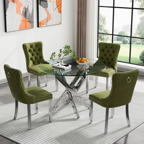 Miniatura 64 de Juego de 4 mesas de comedor redondas de vidrio para 4, juego de mesa de cocina pequeña para 4, mesa redonda de vidrio de 35 pulgadas, juego de 4