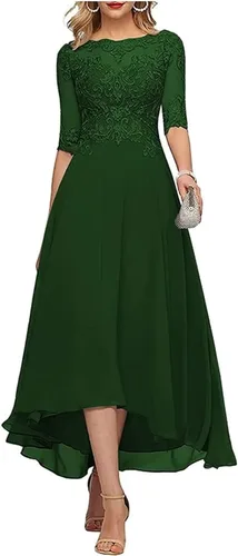 A Line Tea Length Mother of The Bride Dress with Sleeve Half Sheer Lace Applique Chiffon Formal Evening Party Gowns for Women