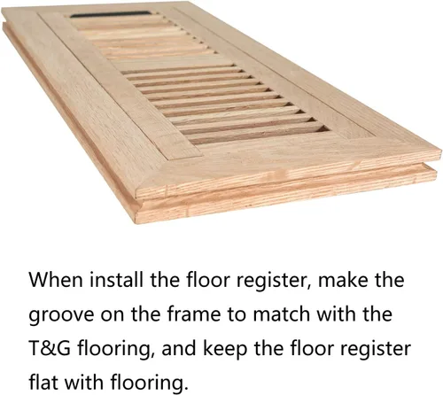 Miniatura 6 de Registro de piso de madera de roble rojo, montaje empotrado con marco, 4 x 10 pulgadas con amortiguador, sin terminar rojo (Red Oak)