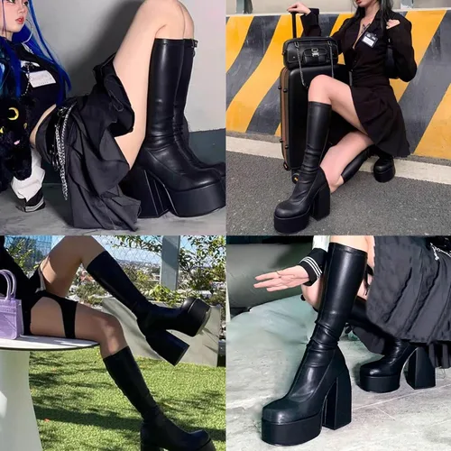 Miniatura 4 de VOMIRA Botas de tobillo para mujer, tacón alto grueso, puntera cuadrada, cremallera lateral, botas elásticas de piel sintética, botas de plataforma