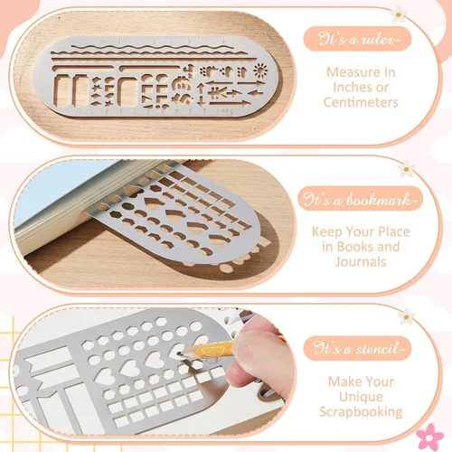 Miniatura 4 de Chinco 4 Pieces Stencils Metal Journal Template 7.9 x 2.4 Inches Bookmark Ruler School Supplies Stainless Steel Stencils Set for DIY, Engraving