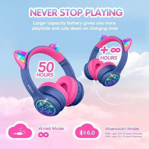 Miniatura 5 de IFECCO Kids Wireless Headphones with Case - Cute LED Light Up Cat Ear,50H Playtime,Safe Volume Limited,Bluetooth 6.0 Kids Girls Headphones for