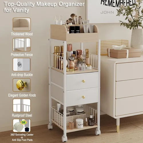 Miniatura 6 de Carrito de almacenamiento organizador de maquillaje de piso, carrito de maquillaje rodante con cajones, organizadores y almacenamiento de maquillaje