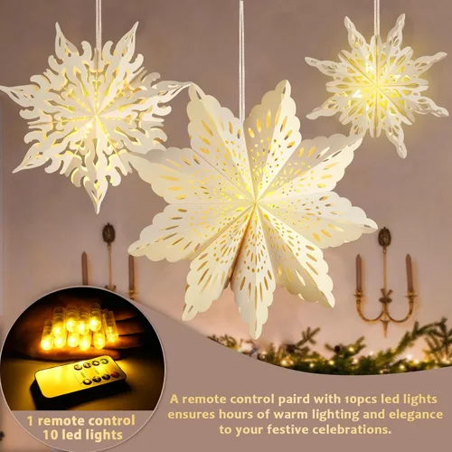 Miniatura 6 de 10 piezas de linternas de copo de nieve de papel de Navidad, grandes linternas de papel de estrella de Navidad con luces LED, adornos blancos