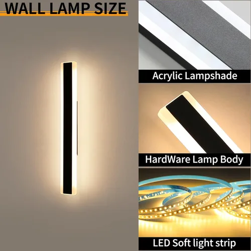 Miniatura 74 de Luz de pared exterior moderna de 47 pulgadas, accesorios de iluminación exterior de acrílico negro de 3000K, montaje en pared, luces de porche