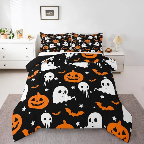 Miniatura 27 de Feelyou Juego de edredón de Halloween, color rosa fantasma, juego de ropa de cama tamaño individual, decoración para niños y niñas, lindo juego