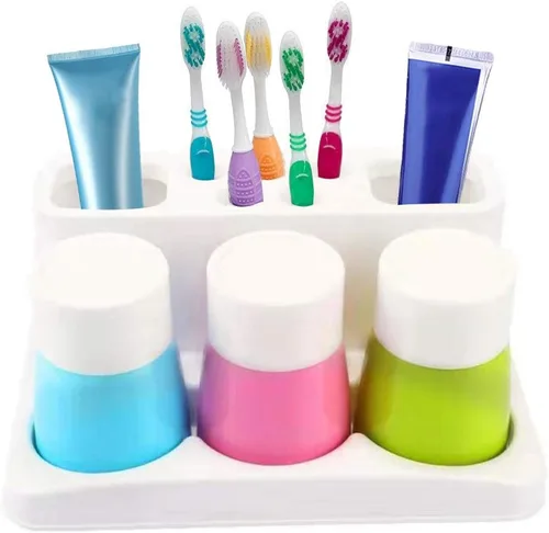 Soporte para cepillo de dientes de 5 agujeros, soporte para pasta de dientes, organizador de baño con 3 tazas de enjuague para conjunto familiar