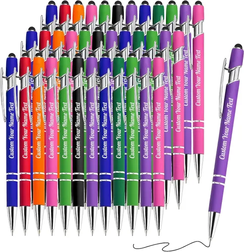 Miniatura 32 de 12 bolígrafos personalizados a granel con grabado sin nombre, bolígrafos personalizados con lápiz capacitivo, logotipo de mensaje de texto grabado