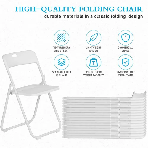 Miniatura 5 de Paquete de 10 sillas plegables de plástico blanco, asientos comerciales apilables portátiles para interiores y exteriores con marco de acero