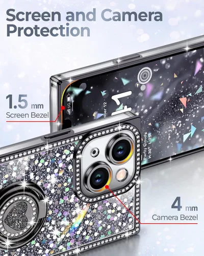 Miniatura 4 de XYZ Funda para iPhone 13, con purpurina brillante con soporte de corazón de 2 anillos y cordón, funda protectora a prueba de golpes con diamantes