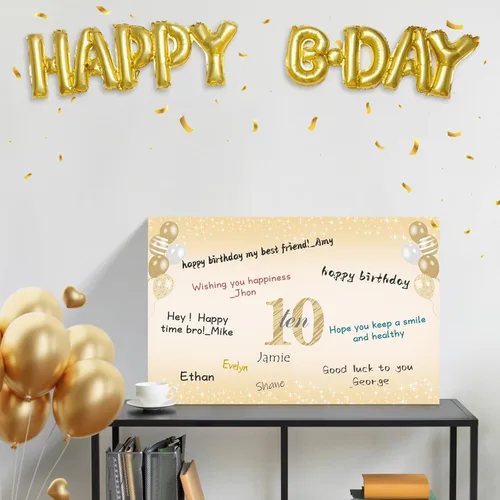 Miniatura 4 de Turypaty Tarjeta de 10 cumpleaños grande con sobre para niños y niñas, libro de firmas de invitados gigante de feliz 10 cumpleaños en negro y oro