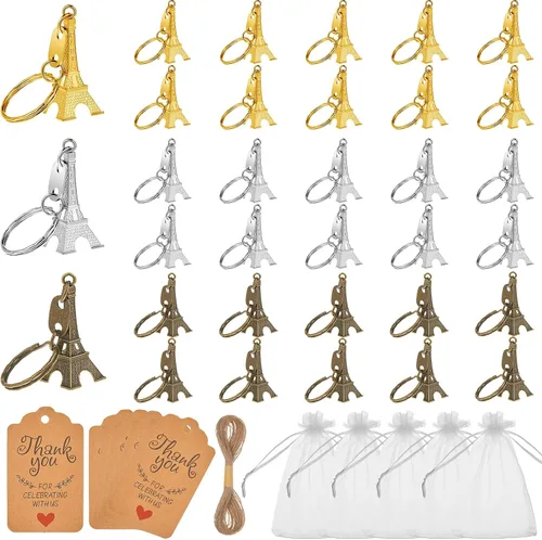 Taiyin 30 pares de llaveros de torre Eiffel, adorno retro, recuerdo francés, recuerdos de fiesta, regalos de cumpleaños (dorado)
