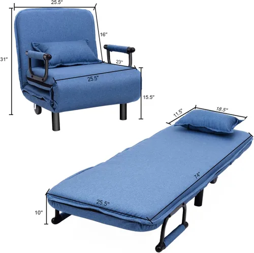 Miniatura 2 de Cama convertible con sofá cama triple 3 en 1 con almohada, diván plegable de ocio con respaldo ajustable de 5 ángulos, cama perezosa tapizada
