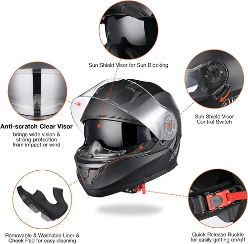 Miniatura 6 de AHR Casco de motocicleta de doble visera, modular abatible, casco de cara completa, aprobado por DOT, casco AHR Run-M1 y M3 para adultos, motos