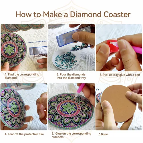 Miniatura 5 de Vcekract Posavasos de pintura de diamante, 6 posavasos de mandala con soporte, kits de manualidades para posavasos de bricolaje, kits de proyectos
