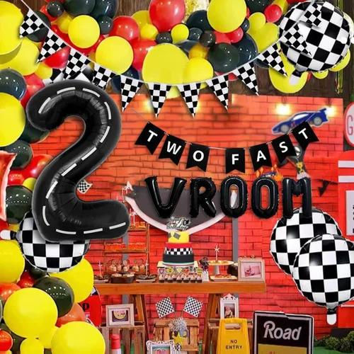 Miniatura 2 de 134 piezas Suministros de decoración de fiesta de cumpleaños de coche de carreras para niños - Globos de temática de carreras de cumpleaños Globos
