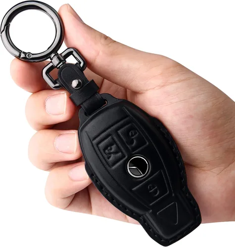 Tukellen Funda para llavero Mercedes Benz de piel auténtica con llavero, protector de cuero compatible con C E M S CLS CLK GLK GLC G AMG Series Negro